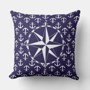 Compass White and Blue Nautical Anchor Pattern Throw Pillow