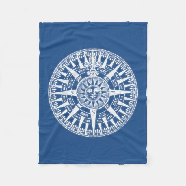 Compass Wind Rose Blue White Fleece Blanket (Front)