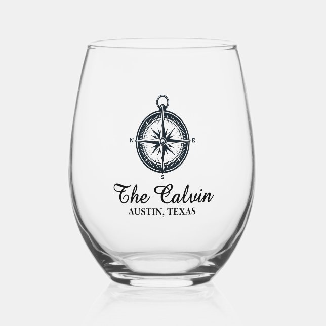 Compass with Boat Name Stemless Wine Glass (Front)