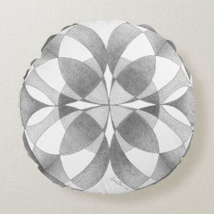 "Compassion & Balance" Mandala, Black, Gray, White Round Pillow