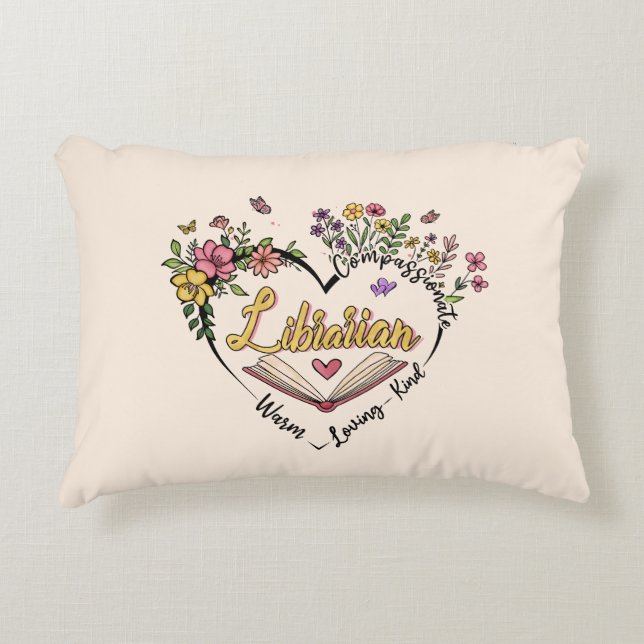 Compassionate Librarian – Floral Heart Design Accent Pillow (Front)