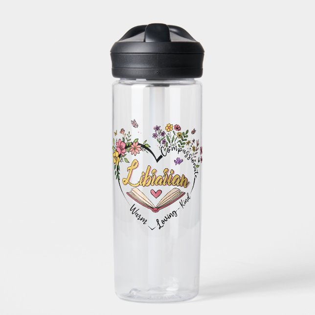 Compassionate Librarian – Floral Heart Design Water Bottle (Front)