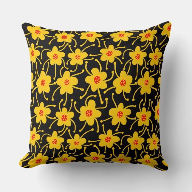 Competing Flowers - Amber and Red on Black Throw Pillow (Front)