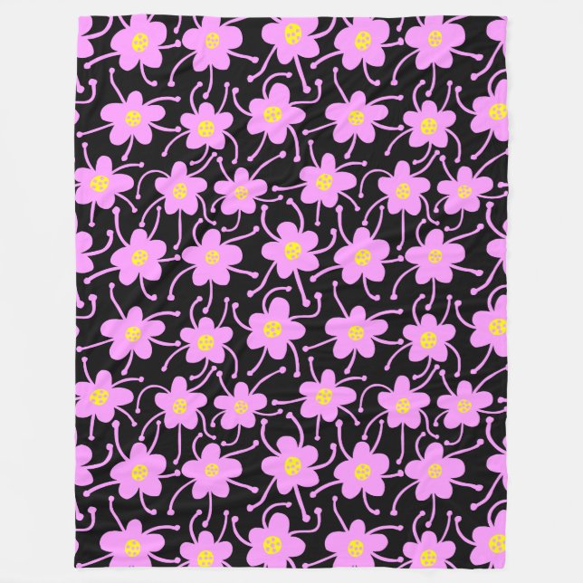 Competing Flowers - Light Violet and Yellow on Blk Fleece Blanket (Front)