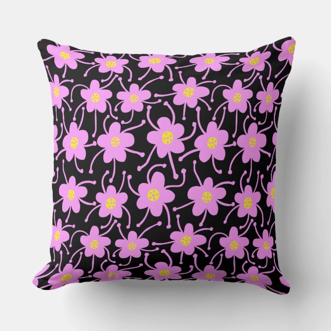 Competing Flowers - Light Violet and Yellow on Blk Throw Pillow (Front)