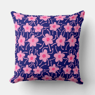 Competing Flowers - Neon Red and Pink on Deep Navy Throw Pillow