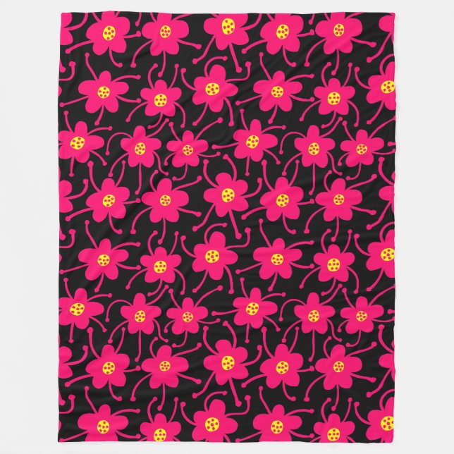 Competing Flowers - Neon Red and Yellow on Black Fleece Blanket (Front)
