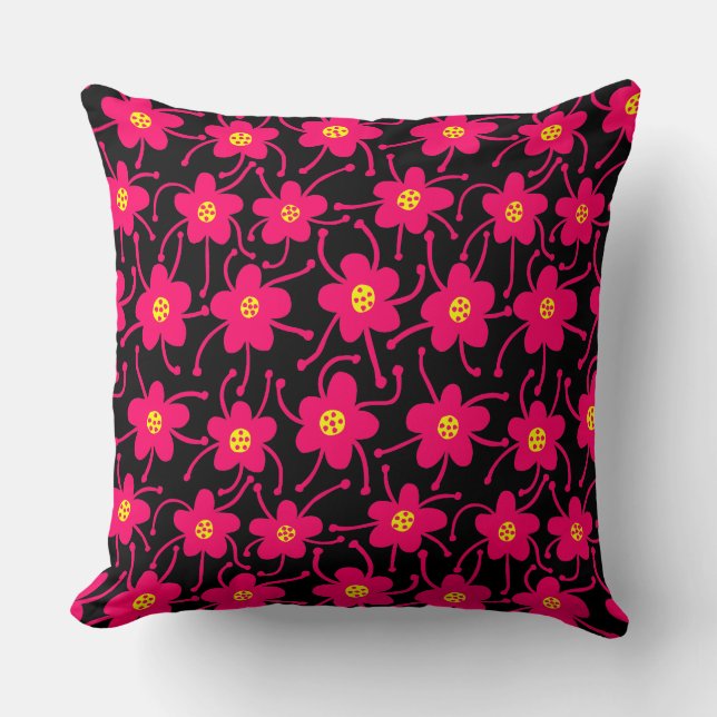 Competing Flowers - Neon Red and Yellow on Black Throw Pillow (Front)