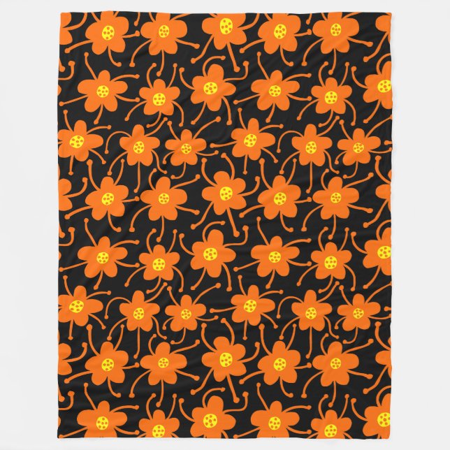 Competing Flowers - Orange and Yellow on Black Fleece Blanket (Front)