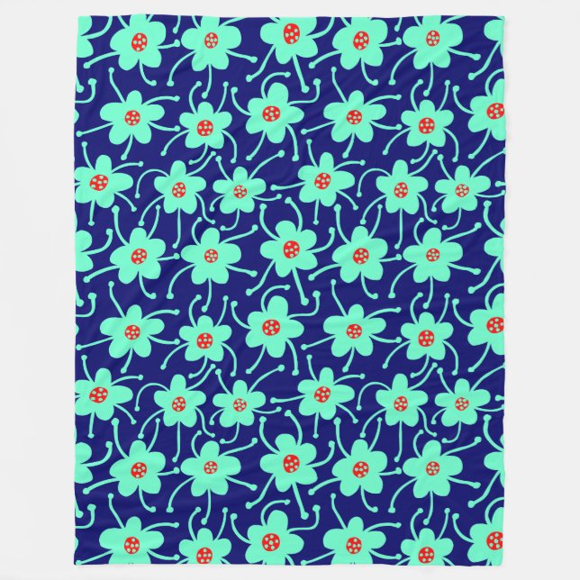 Competing Flowers - Turquoise and Red on Deep Navy Fleece Blanket (Front)