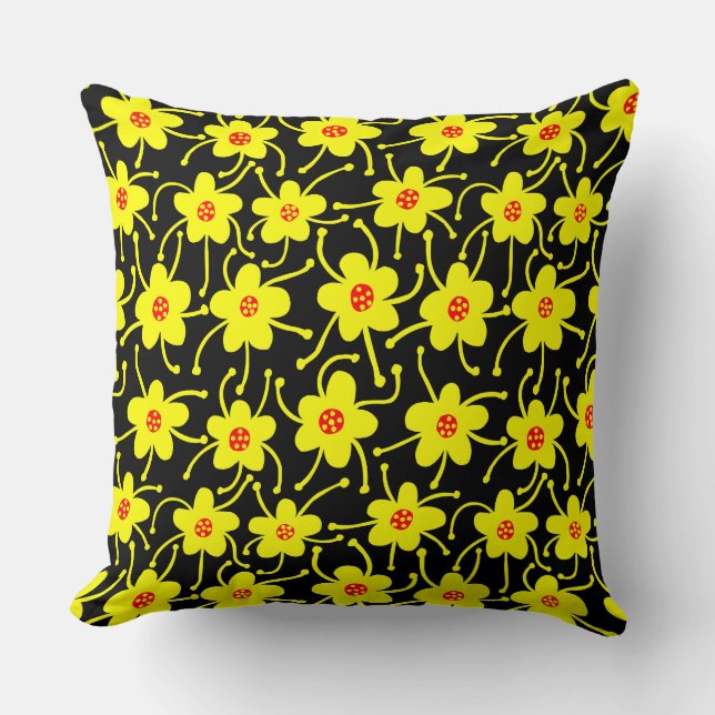 Competing Flowers - Yellow and Red on Black Throw Pillow (Front)