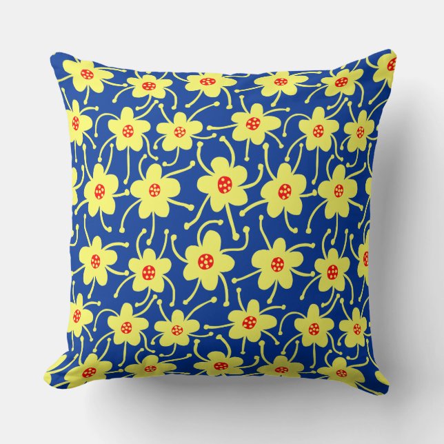 Competing Flowers - Yellow and Red on Navy Blue Throw Pillow (Front)