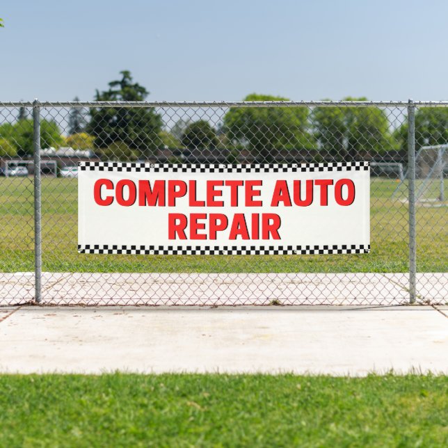 Complete Auto Repair Chequered Flag Large White Banner (Insitu)