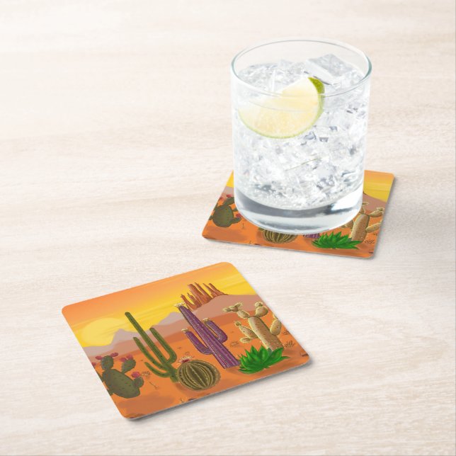 Complete cactus varieties, prickly plants square paper coaster (Insitu)