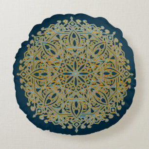 Complex Blue & Gold Mandala Round Pillow