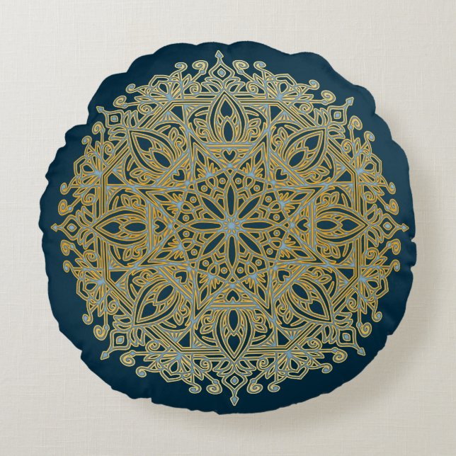 Complex Blue & Gold Mandala Round Pillow (Front)