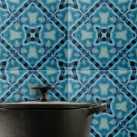 Complex Soft Blue and Indigo Geometric Pattern Tile<br><div class="desc">This ceramic tile features a complex, symmetrical kaleidoscopic pattern that unfolds in harmonious repetition, creating a mesmerizing visual effect. The design is characterized by various shades of blue, from light to dark, which are beautifully contrasted by grey and black accents. The pattern is composed of geometric shapes that come together...</div>