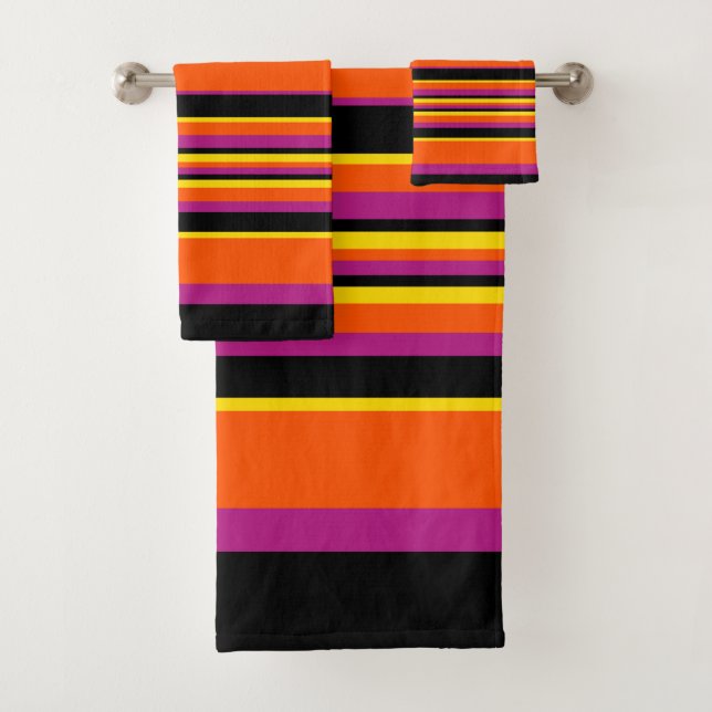 Complex Stripes - Black, Pink, Orange and Yellow Bath Towel Set (Insitu)