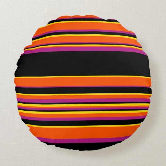Complex Stripes - Black, Pink, Orange and Yellow Round Pillow (Front)