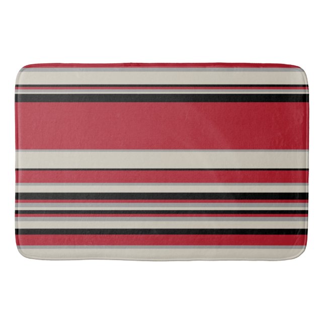 Complex Stripes - Red, Grey, Black and Bone White Bath Mat (Front)