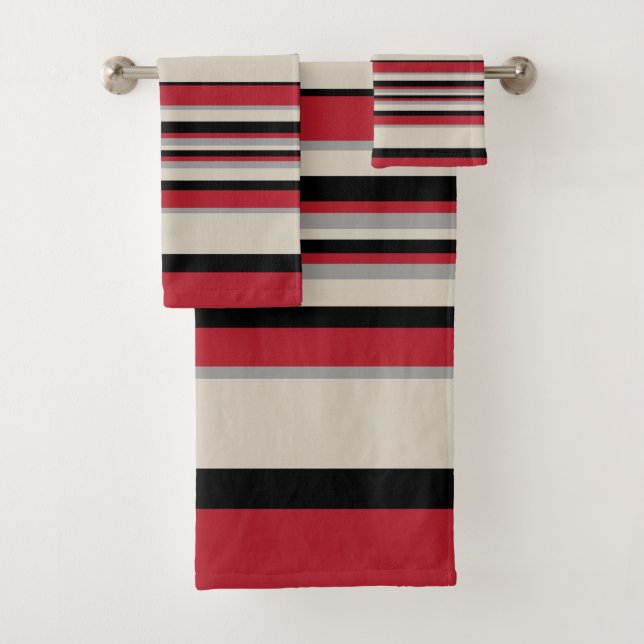 Complex Stripes - Red, Grey, Black and Bone White Bath Towel Set (Insitu)