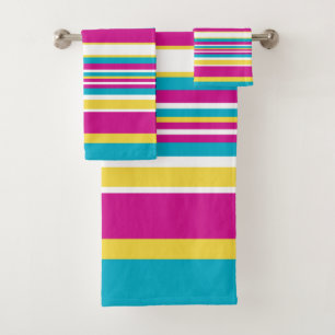 Complex Stripes -Turquoise, Yellow, Pink and White Bath Towel Set