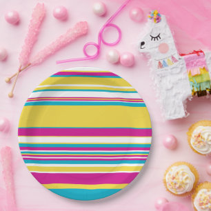 Complex Stripes -Turquoise, Yellow, Pink and White Paper Plate