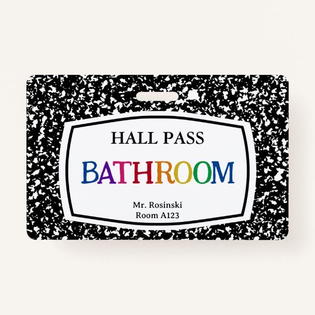 composition book bathroom hall pass for educators badge (Back)