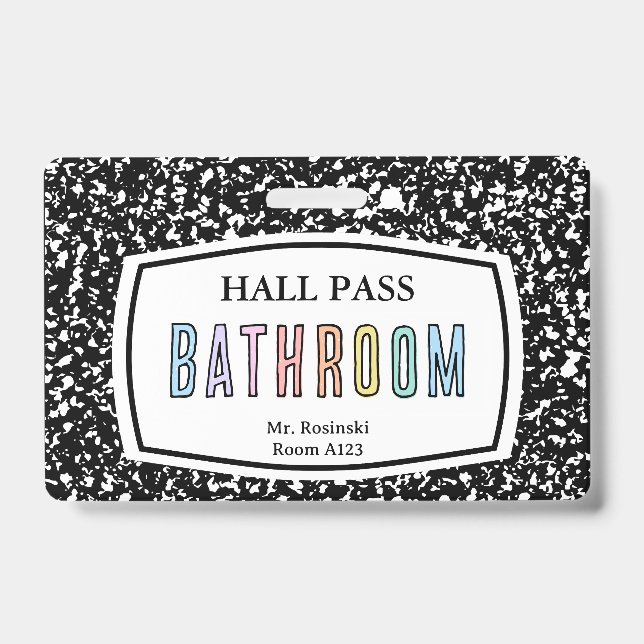 composition book bathroom hall pass lanyard badge (Front)