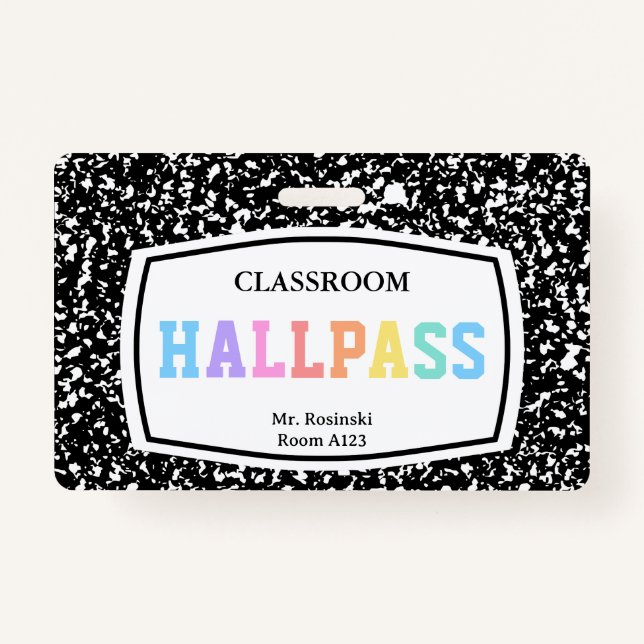composition book classroom hall pass lanyard badge (Front)