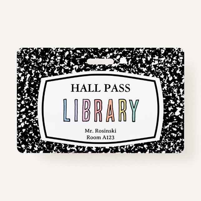 composition book library hall pass lanyard badge (Front)