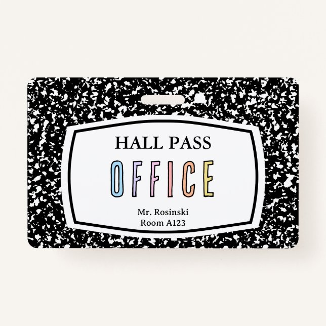 composition book office hall pass for teachers badge (Front)