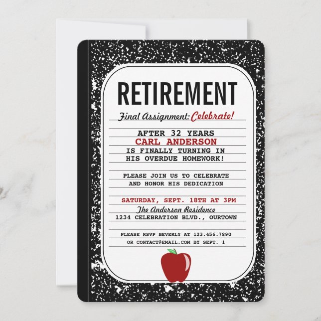 Composition Book Retirement Party Invitation (Front)