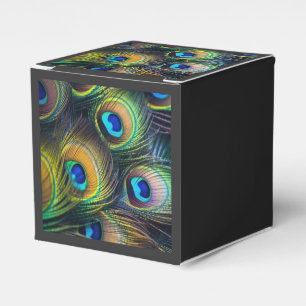 Composition of bright peacock feathers favor box