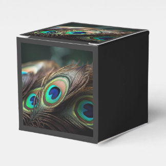 Composition of bright peacock feathers favor box