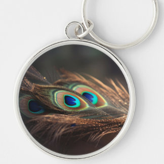 Composition of bright peacock feathers keychain