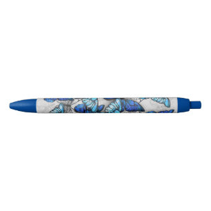 Composition of White and Blue Butterflies Black Ink Pen