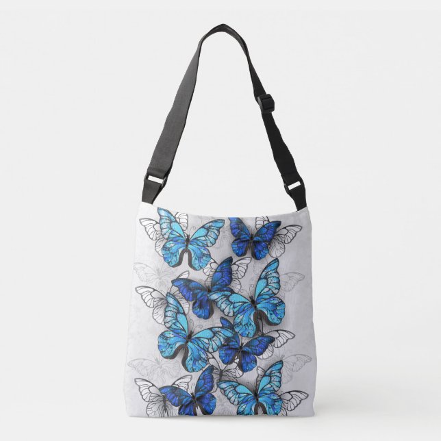 Composition of White and Blue Butterflies Crossbody Bag (Front)