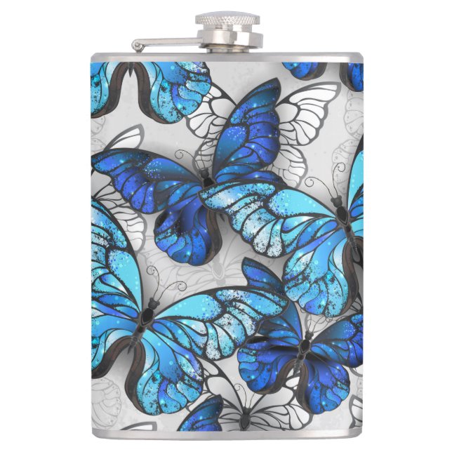 Composition of White and Blue Butterflies Hip Flask (Front)