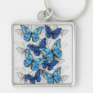 Composition of White and Blue Butterflies Keychain