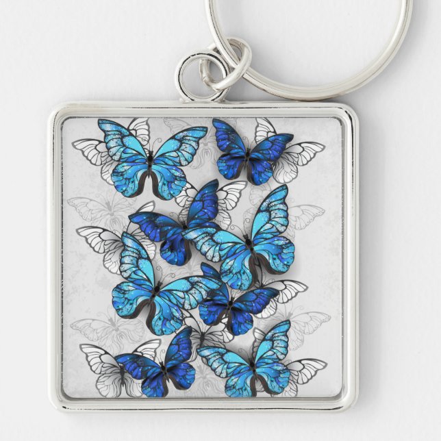 Composition of White and Blue Butterflies Keychain (Front)