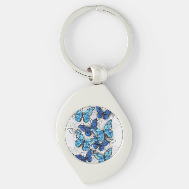 Composition of White and Blue Butterflies Keychain (Front)