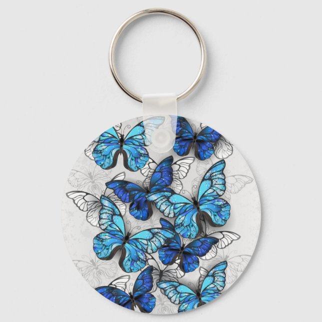 Composition of White and Blue Butterflies Keychain (Front)