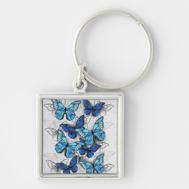 Composition of White and Blue Butterflies Keychain (Front)