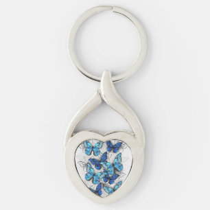 Composition of White and Blue Butterflies Keychain