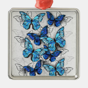 Composition of White and Blue Butterflies Metal Ornament