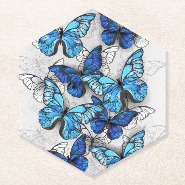 Composition of White and Blue Butterflies Paper Coaster (Front)