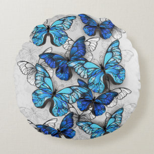 Composition of White and Blue Butterflies Round Pillow