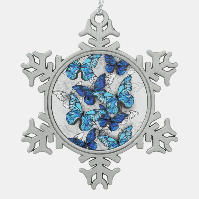 Composition of White and Blue Butterflies Snowflake Pewter Christmas Ornament (Front)