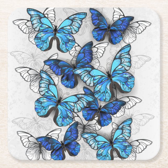 Composition of White and Blue Butterflies Square Paper Coaster (Front)